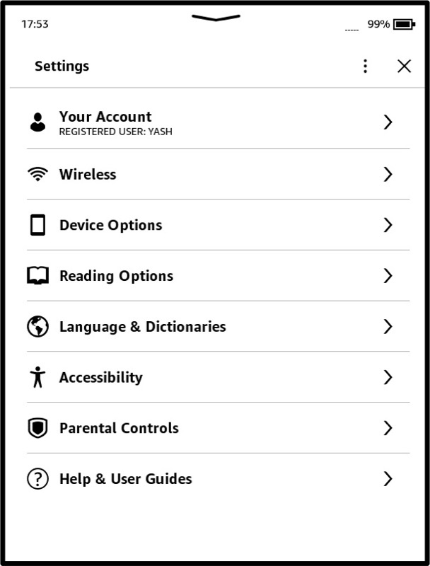Страница настроек Kindle