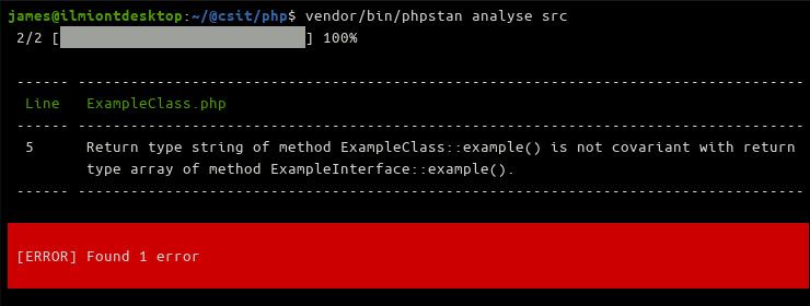 Неудачный запуск PHPStan: список ошибок и трассировка