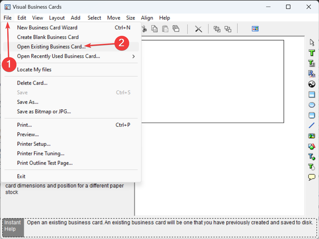Диалог 'Открыть' в Visual Business Cards