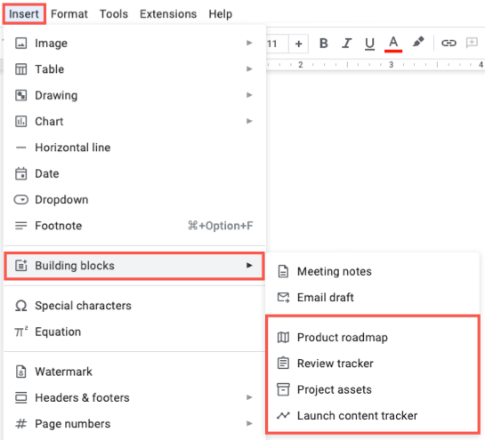 Шаблоны таблиц в меню Вставка, Building Blocks