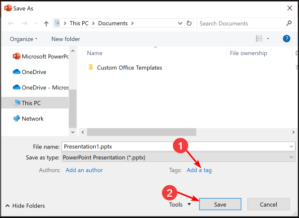 Поле «Теги» в диалоге сохранения Office