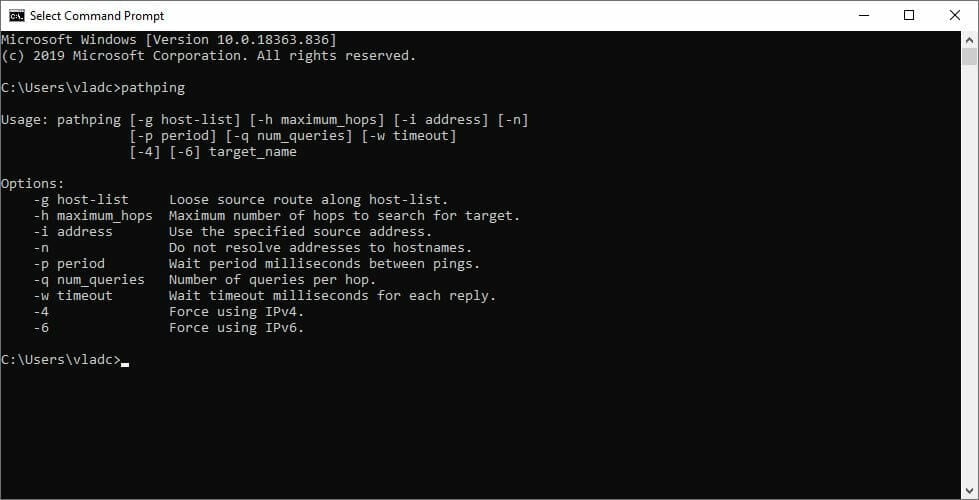 Screenshot einer Eingabeaufforderung mit Pathping-Ergebnis