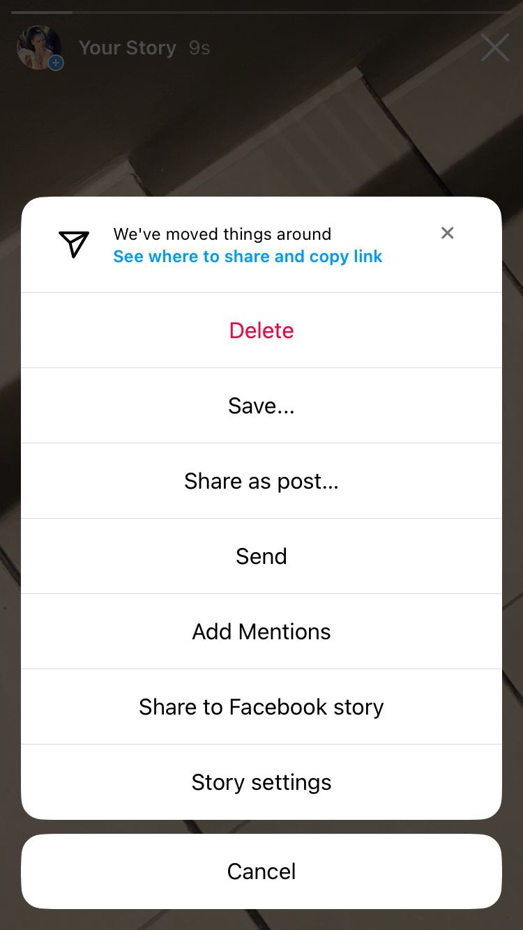 Меню опций истории в мобильном приложении Instagram