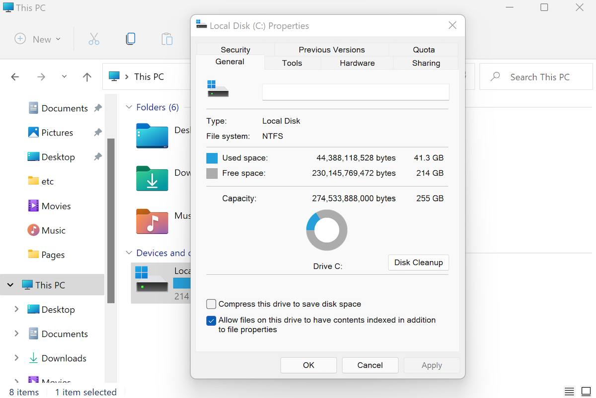 Свойства диска с опцией индексирования содержимого