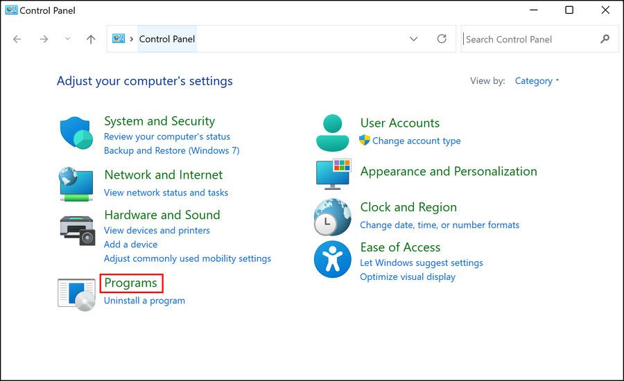 Опция «Программы» в Панели управления