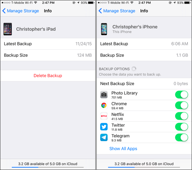 Список бэкапов и размеры данных отдельных приложений в резервной копии