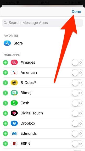 Кнопка «Готово» после выключения приложений iMessage