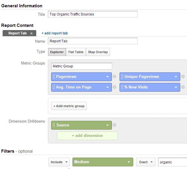 Интерфейс создания кастомного отчёта в Google Analytics