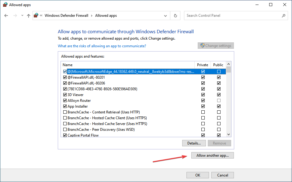 Добавление приложения в брандмауэр