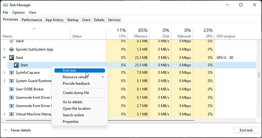 Завершение процесса Start через Диспетчер задач — снимок окна с выделенным процессом Start