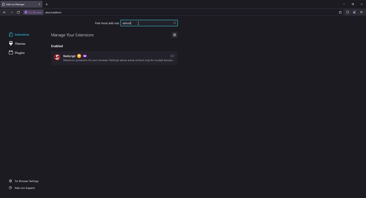 Add-ons Manager in Tor Browser