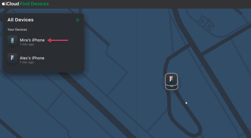 Вид всех устройств в iCloud Find Devices