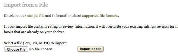 Окно импорта в Goodreads