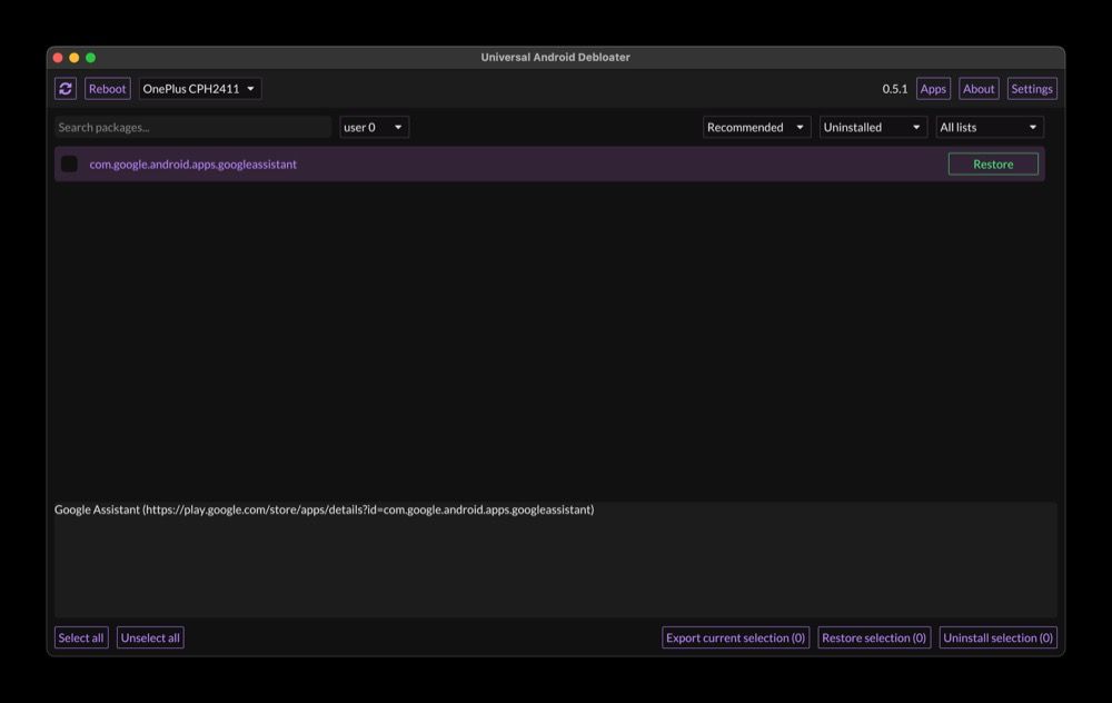 Опция восстановления в Universal Android Debloater