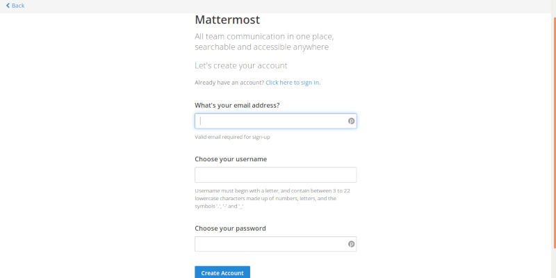 Форма создания учётной записи администратора Mattermost