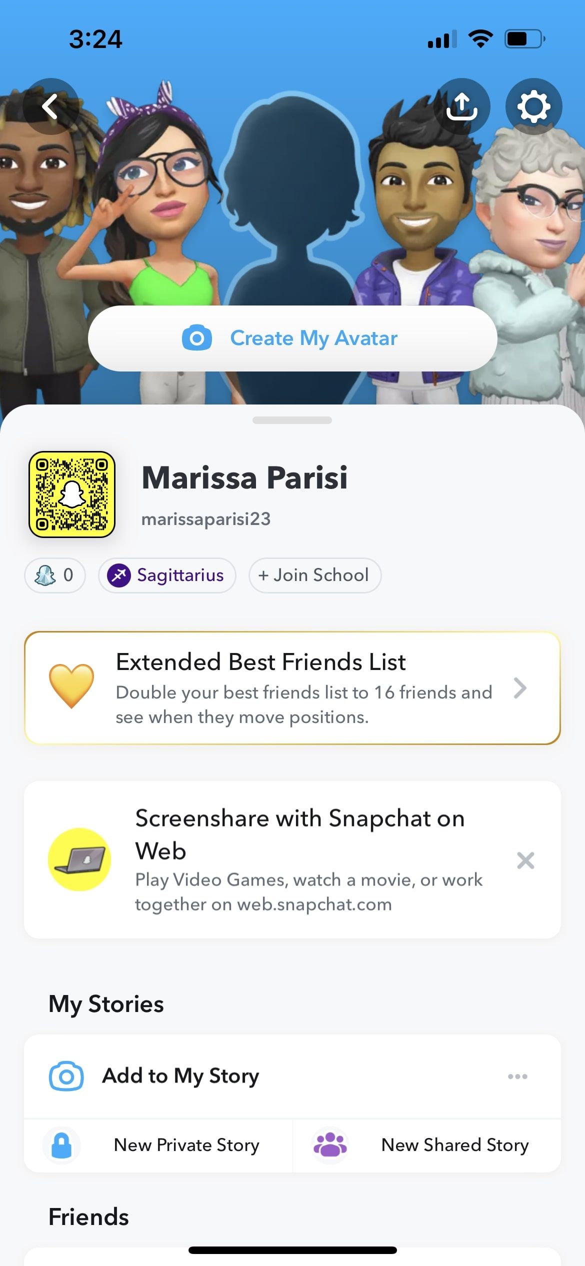 Snapchat profile menu