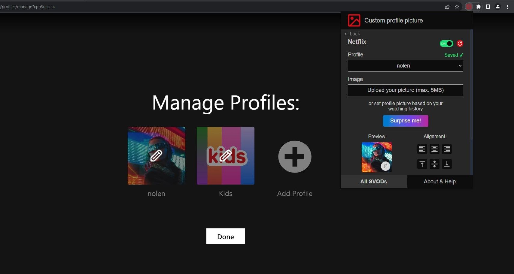 Настройка расширения Custom profile picture for Netflix в Google Chrome