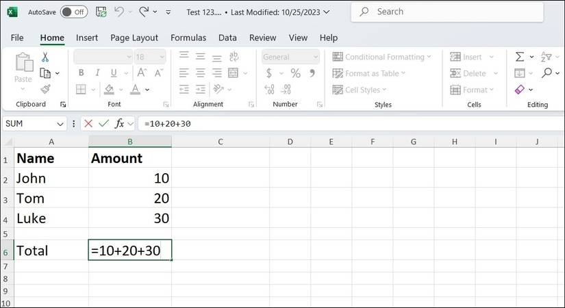 Скриншот: сложение в таблице Excel (формула и результат)