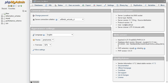 Интерфейс phpMyAdmin