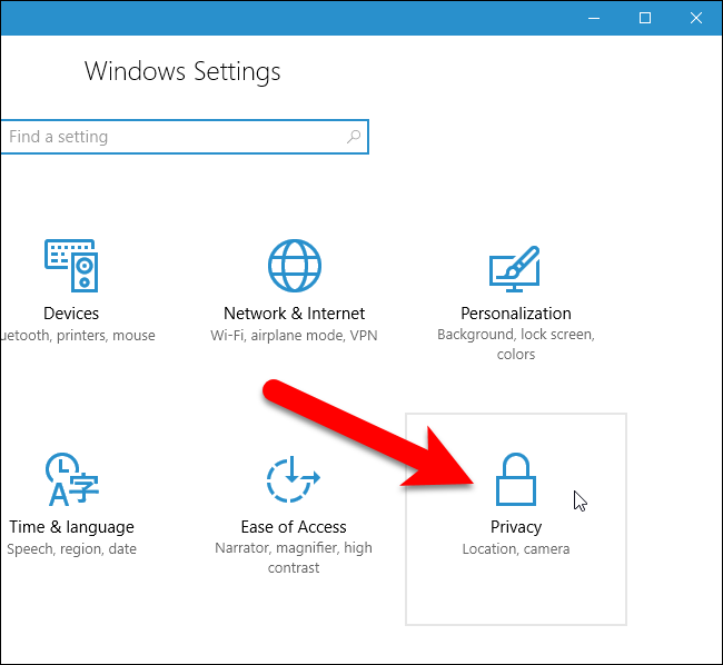 Открытие раздела «Конфиденциальность» в параметрах Windows