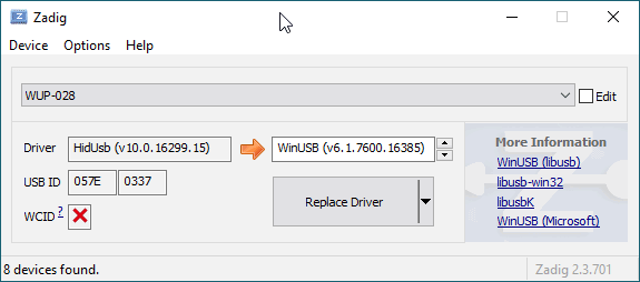 Подтверждение правильного USB ID в Zadig