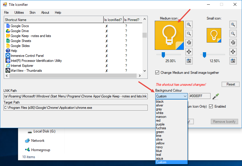 Выбор фона плитки и цветовой схемы в TileIconifier