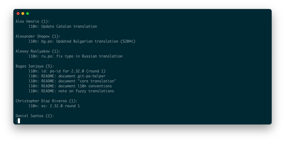 Скриншот терминала с выводом git shortlog