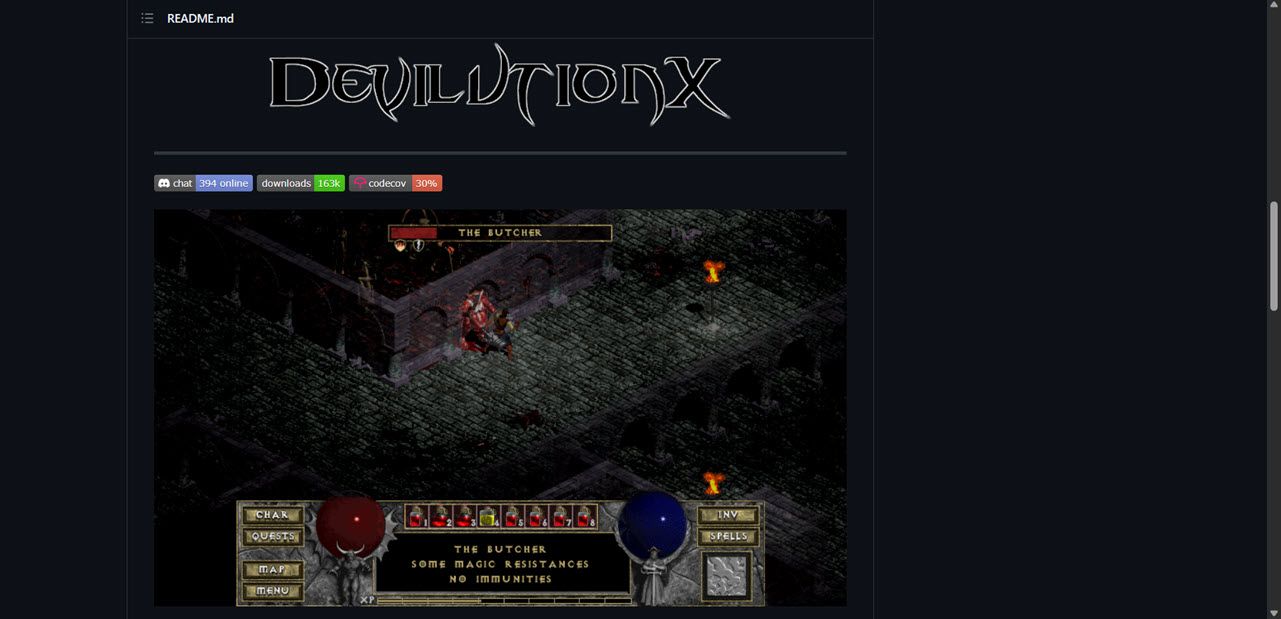 Скриншот репозитория DevilutionX на GitHub