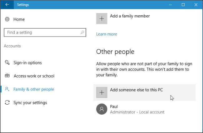 Экран добавления учётной записи в Windows