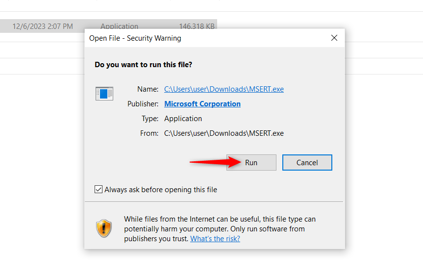 Предупреждение безопасности перед запуском файла