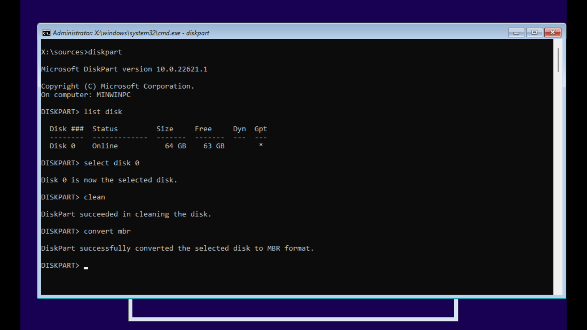 конвертация GPT в MBR с помощью diskpart при установке Windows