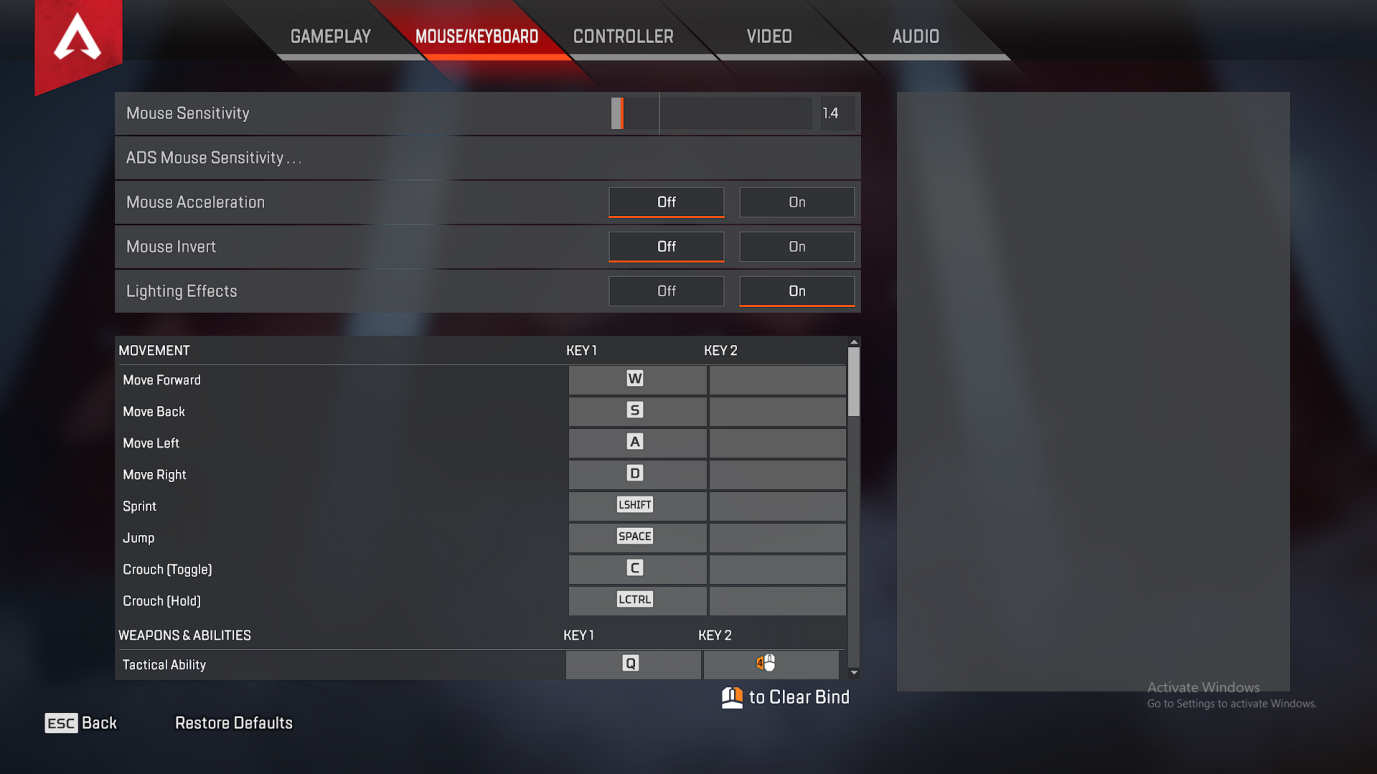 Пример внутриигровой чувствительности в Apex Legends