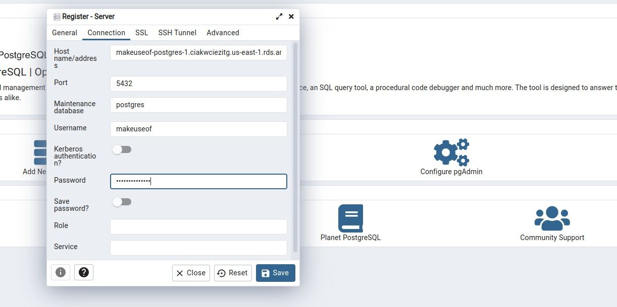 Шаг 3.1 — ввод параметров подключения в PgAdmin4