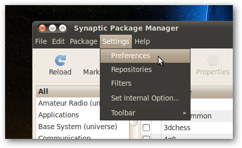 Окно предпочтений Synaptic с вкладками и опциями