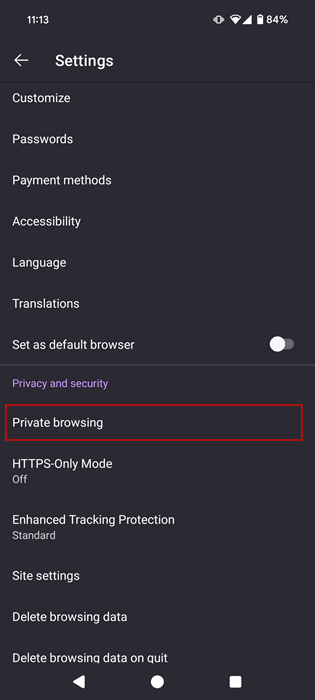 Navegação privada nas configurações de privacidade do Firefox para Android