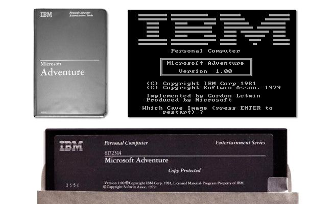 Руководство, диск и скриншот Microsoft Adventure для IBM PC