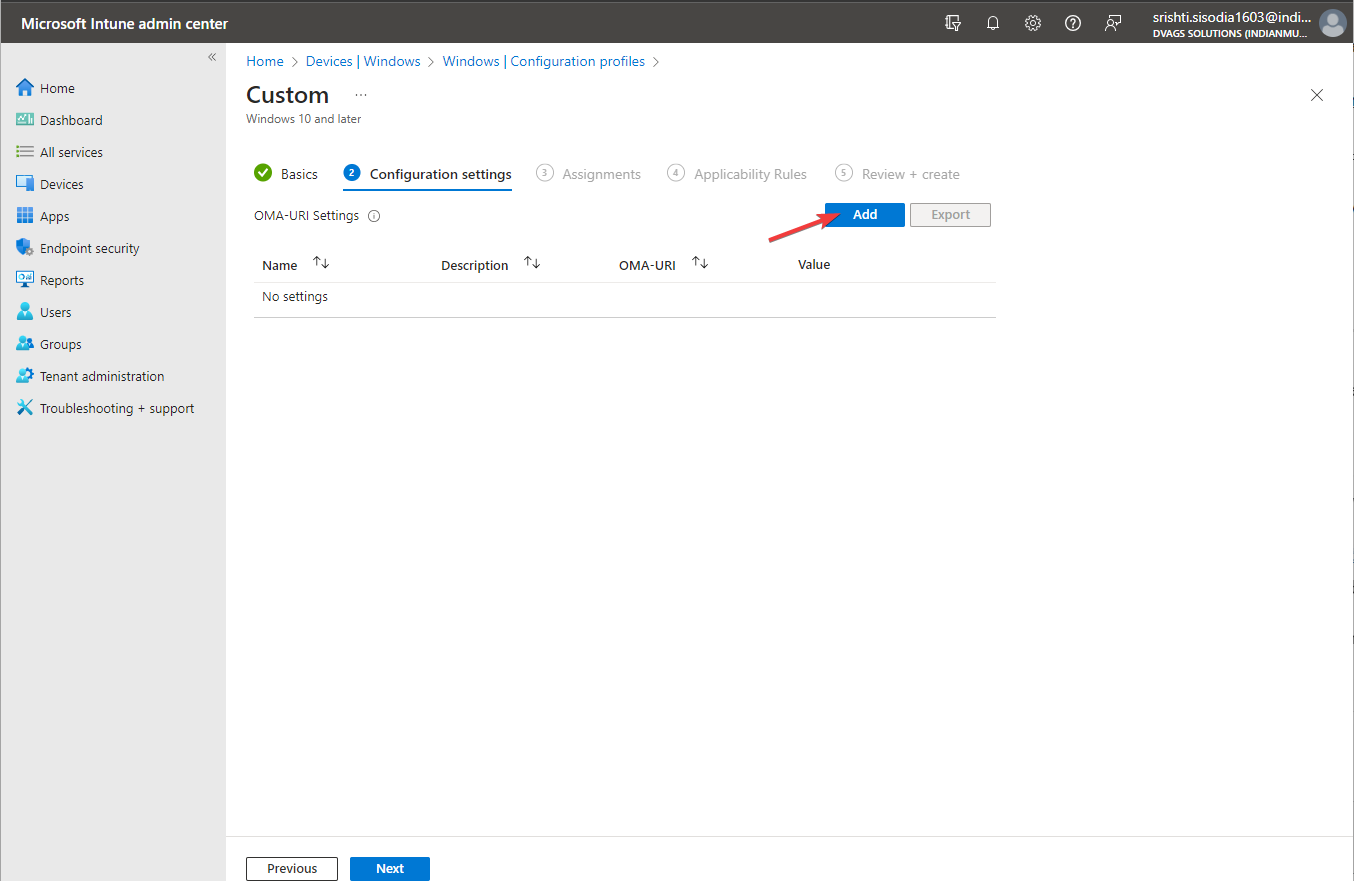 Locate OMA-URI Settings, click Add, then enter the following details, then click Save