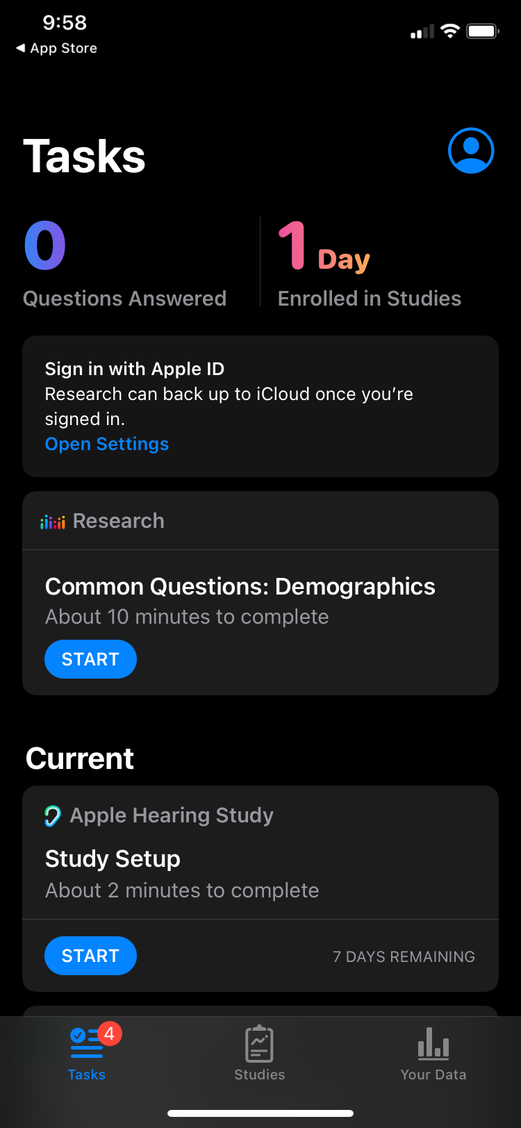 Задания и опросы в приложении Apple Research
