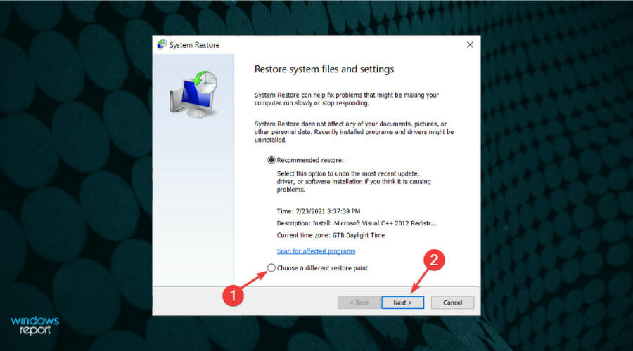 Выбор другой точки восстановления