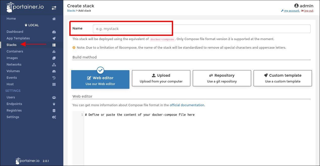 Создание стека в Portainer