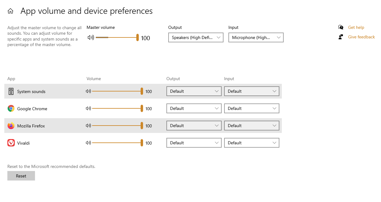 Скриншот микшера звука Windows 10 с регулировкой громкости приложения