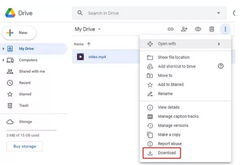 GoogleドライブをPCで開いて動画をダウンロードする画面