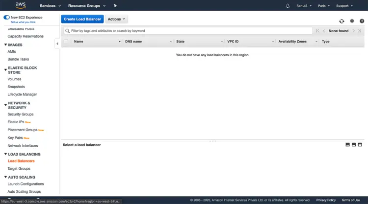 Кнопка создания Load Balancer в EC2