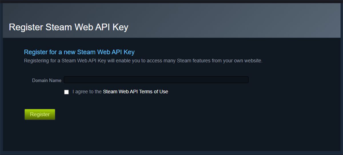Страница регистрации Steam API ключа