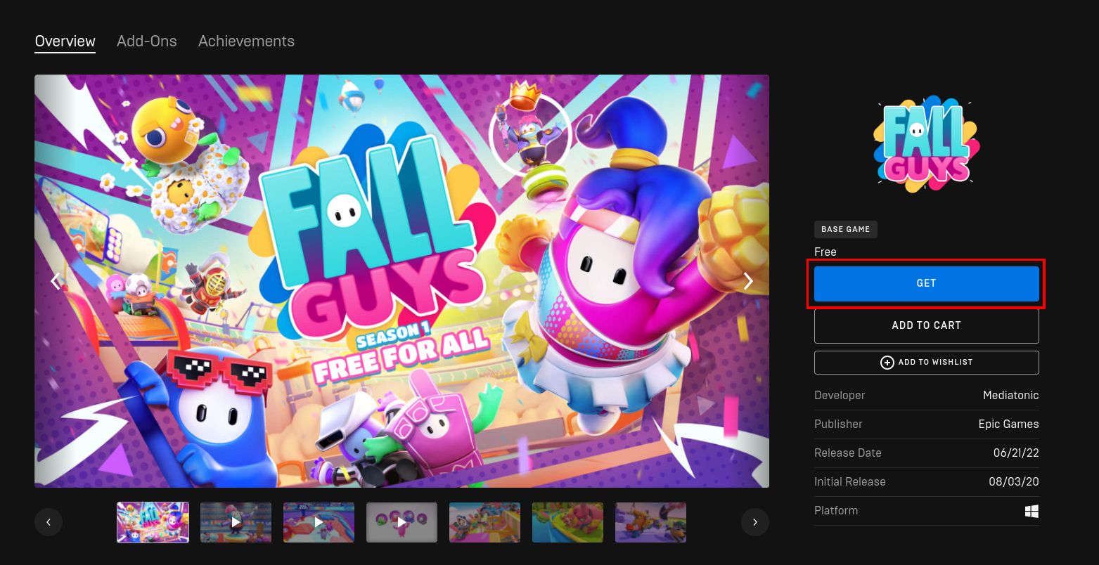 Получение Fall Guys в Epic Games