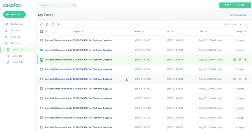 Список полученных факсов в входящих CocoFax