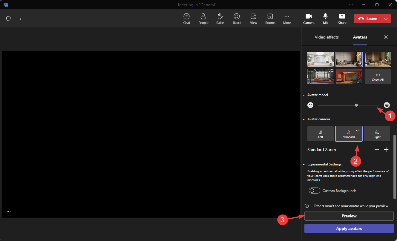 Предпросмотр настроек камеры аватара