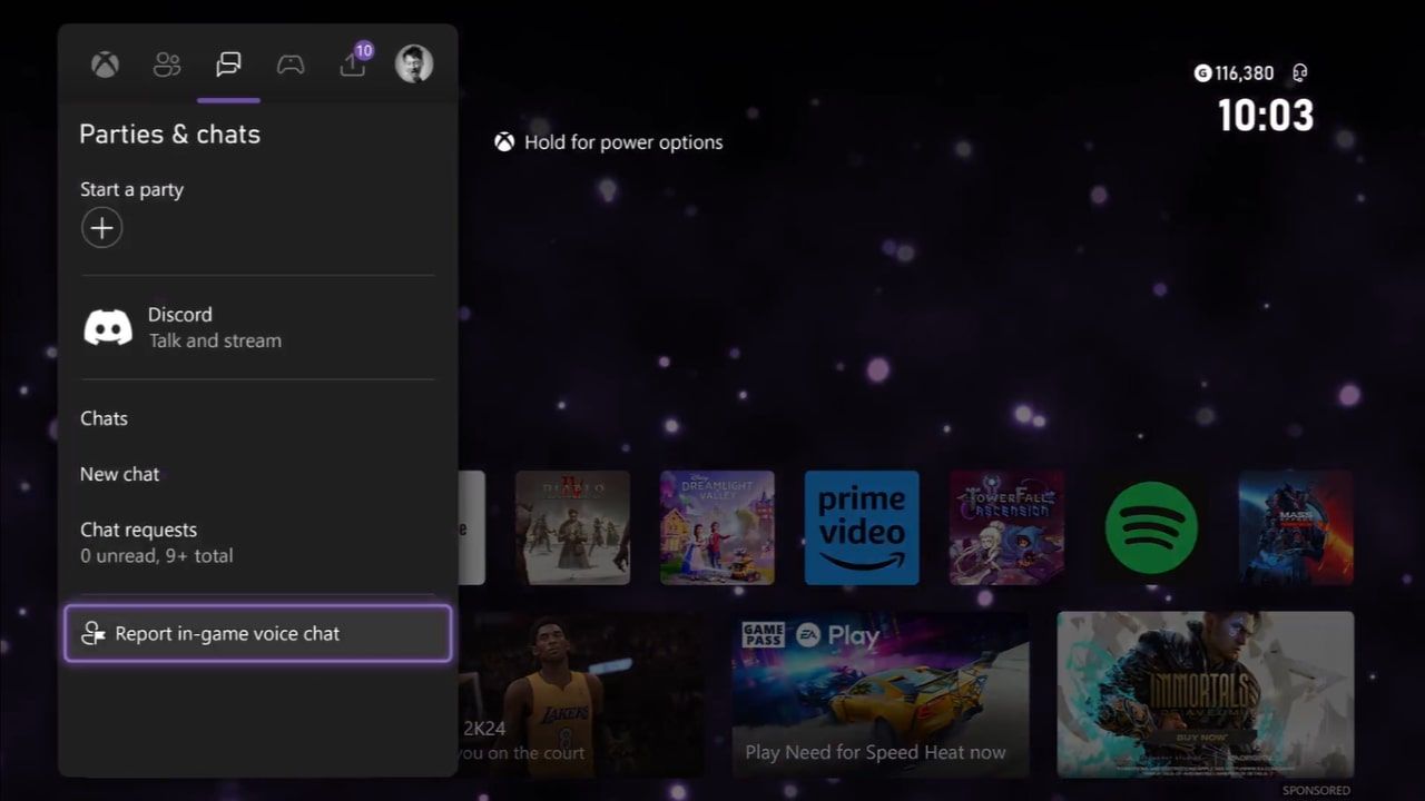 Секция Parties & Chats с опцией Пожаловаться на голосовой чат