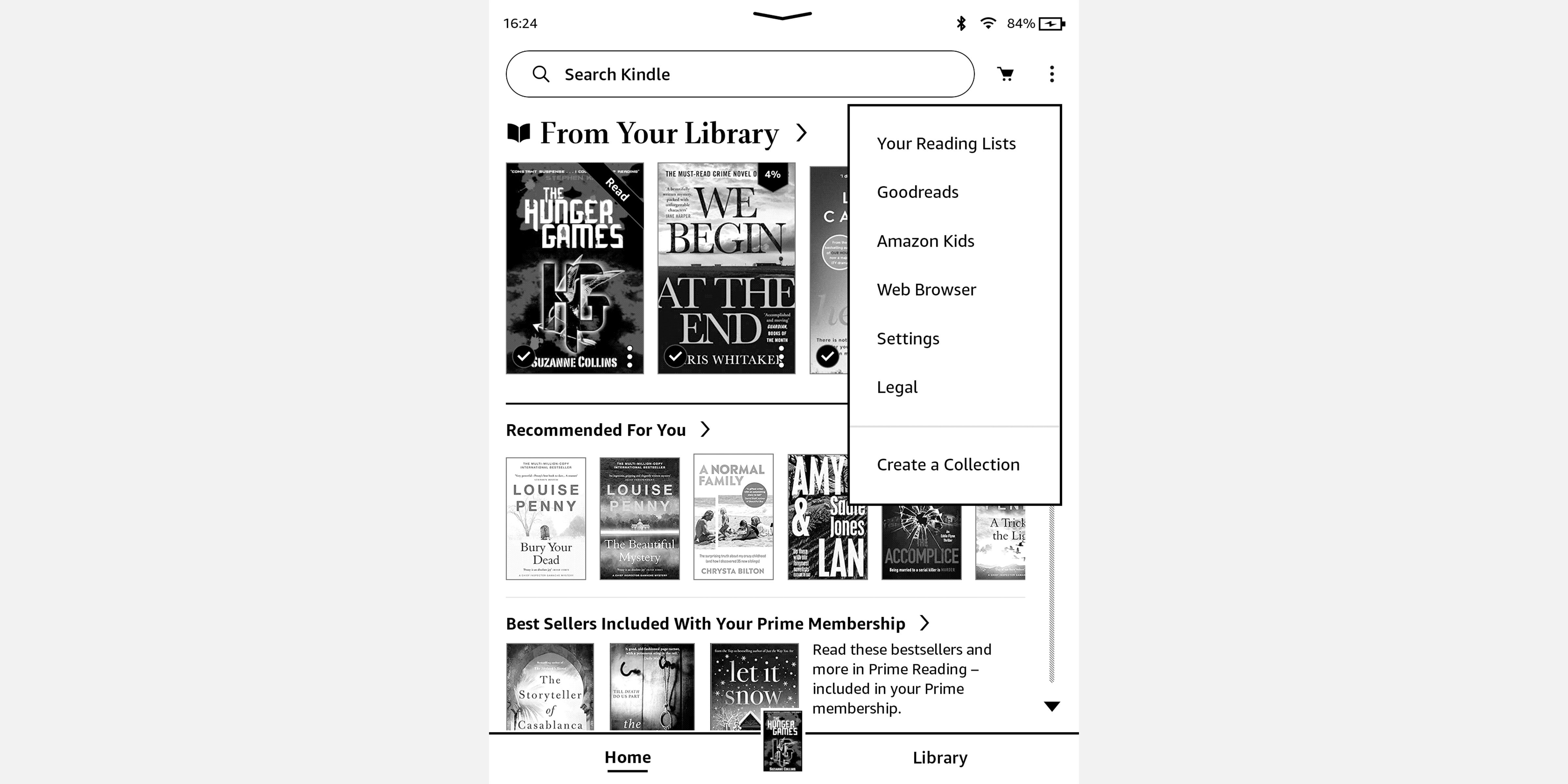 Скриншот Kindle с меню доступа к Goodreads