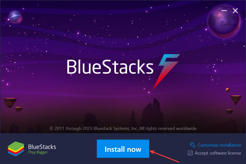кнопка Install now в установщике BlueStacks